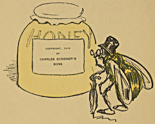 Picture of a bee gazing at a honey jar; the label forms the copyright notice