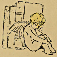 Cupid sitting against a stack of books