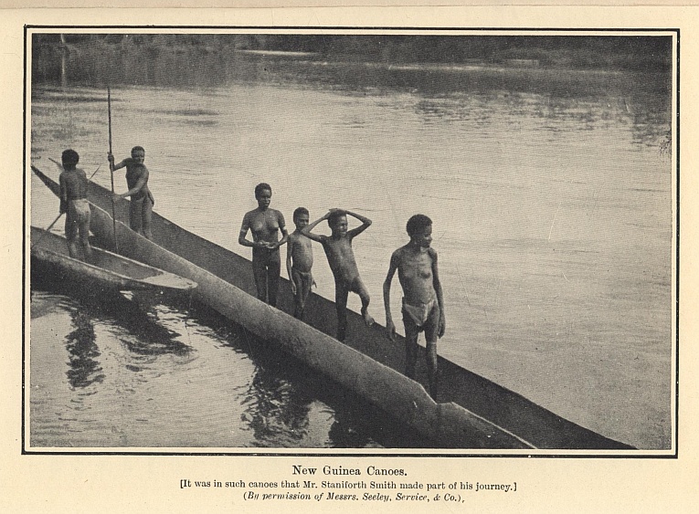 New Guinea Canoes. [It was in such canoes that Mr. Staniforth Smith made part of his journey.] (By permission of Messrs. Seeley, Service, & Co.)