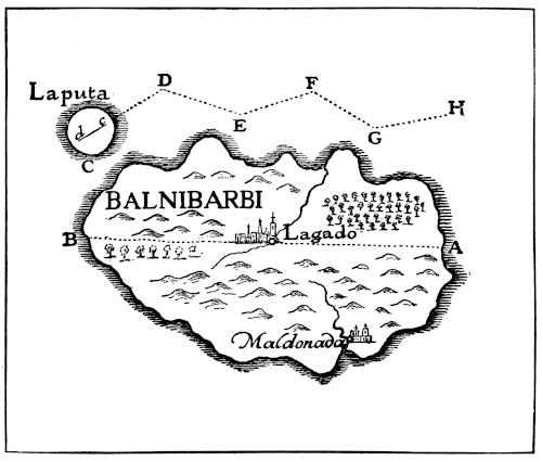 A map of Balnibarbi with Laputa above
