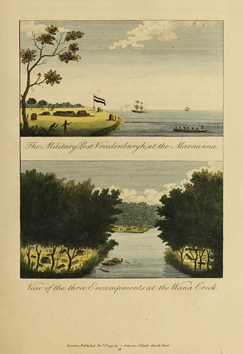 The Military Post Vreedenburgh, at the Marawina.
View of the three Encampments at the Wana Creek.