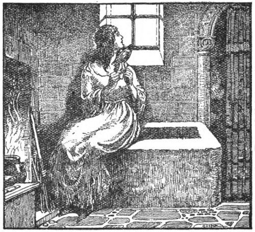 [An illustration showing a woman sitting by window holding a bird and looking over her shoulder out the window.]