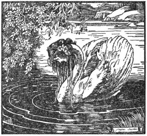 [An illustration showing a swan near the edge of a pond, with the head of a woman. The head is staring down into the water, perhaps mournfully.]
