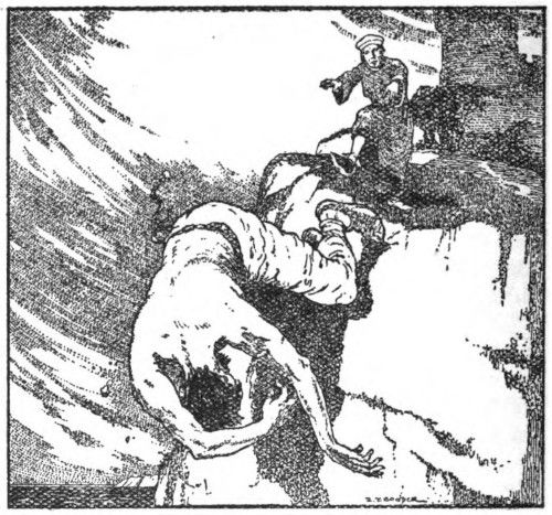 [An illustration showing one man has just pushed another man off the cliff.]