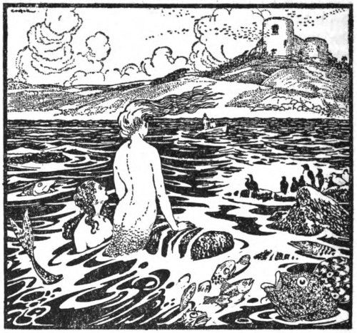 [An illustration showing two mermaids, various fish and sea birds staring at a castle near the seaside with a flock of birds near it.]