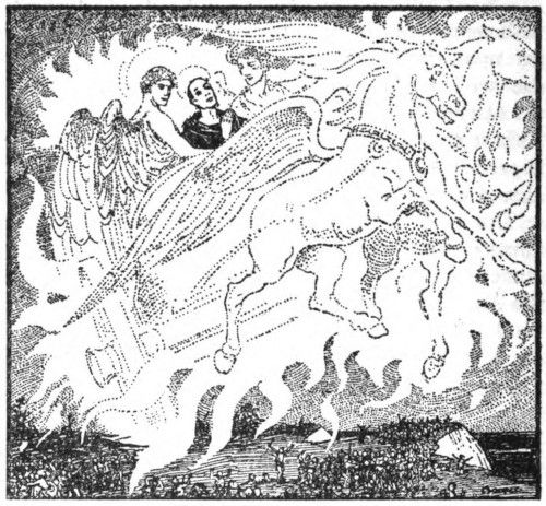 [An illustration showing a man with halo flying away with two angels on a chariot drawn by two spirit horses (with wings).]
