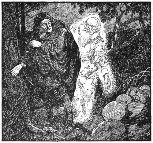 [An illustration showing a man in dark cloak traveling at night, accosted by a specter of an old man.]