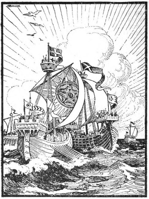 [An illustration showing galleys at sea fitted for war with painted sails, banners flying, archers and spearmen in the crows nest and railings, and oars plying the sea.]