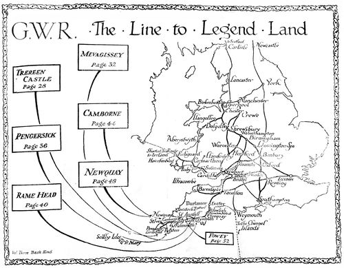 [Map of central England and Wales, the area covered by the Great Western Railway. Title reads: G. W. R. The line to legend land. Various places mentioned in the book are identified: Trereen Castle (Page 28), Pengersick (Page 36), Rame Head (Page 40), Mevagissey (Page 32), Camborne (Page 44),  Newquay (Page 48), Fowey (Page 52).]