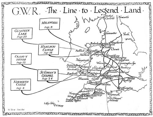 Map of central England and Wales, the area covered by the Great Western Railway. Title reads: G. W. R. The line to legend land. Various places mentioned in the book are identified: Glasfryn Lake (page 20), Craig-Y ddinas (page 12), Narberth Castle (page 4), Melangell (page 8), Harlech Castle (page 16), St. Govan's Chapel (page 24).