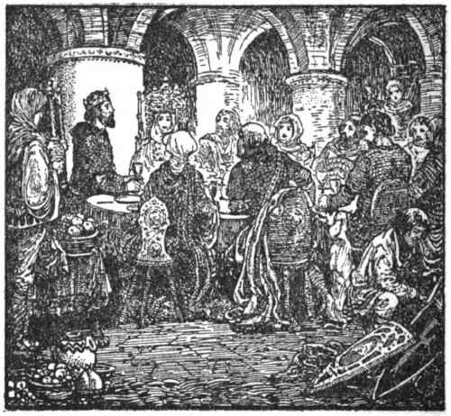 King Arthur at the Round Table conversing with knights.