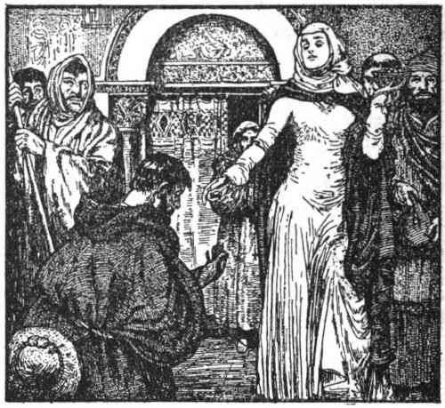 Lady Phyllis giving alms to the poor, including Sir Guy in pilgrim attire.