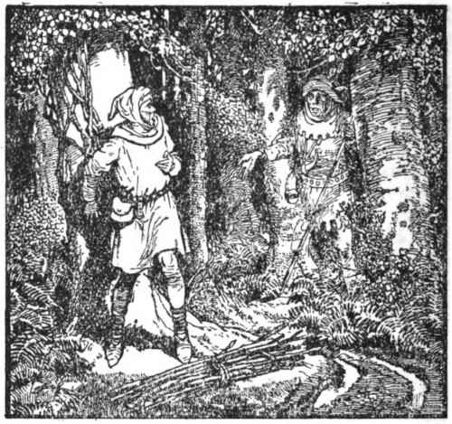A traveler in a wood being surprised by a ghostly gamekeeper.