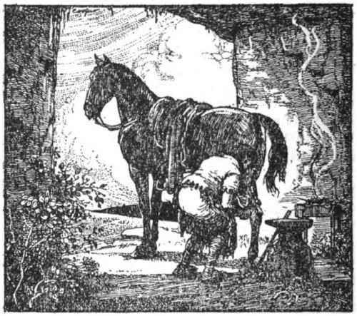 Man shoeing a horse in his workshop, perhaps a cave.