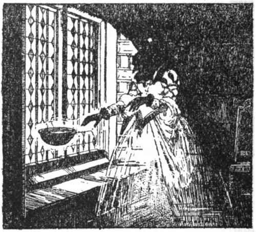 Ghost of a lady reaching for a floating basin, in a paneled chamber.