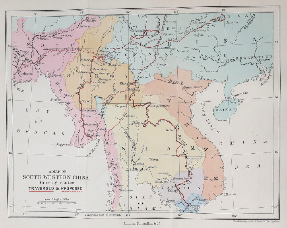 A map of south western China showing routes traversed and proposed