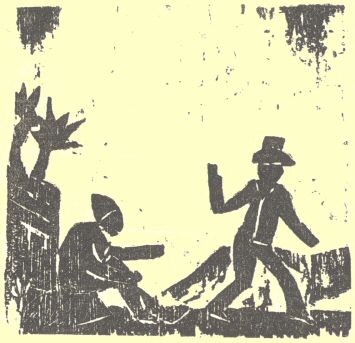 Woodcut of person leaving seated person