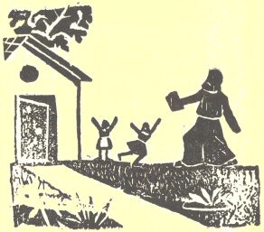 Woodcut of person coming to house with children to welcome
