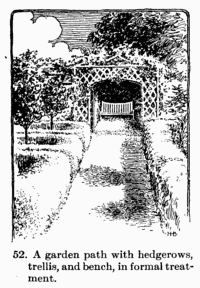[Illustration: Fig. 52. A garden path with
hedgerows, trellis, and bench, in formal treatment.]