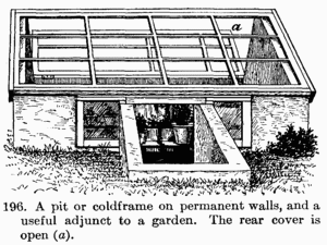 [Illustration: Fig. 196. A pit or coldframe on permanent walls, and a
useful adjunct to a garden. The rear cover is open (_a_).]