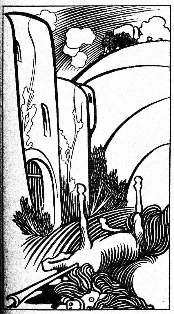 (illustration--dead horse at foot of castle wall)