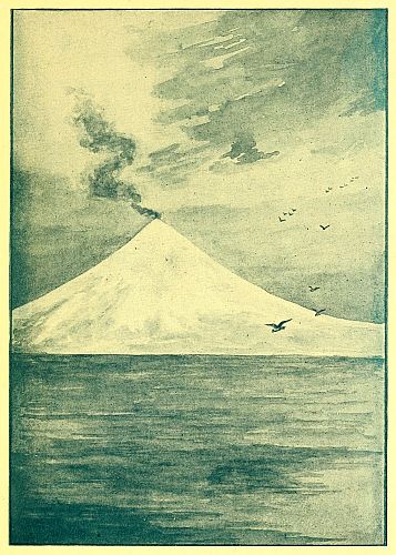 mountain in water with flock of birds flying by