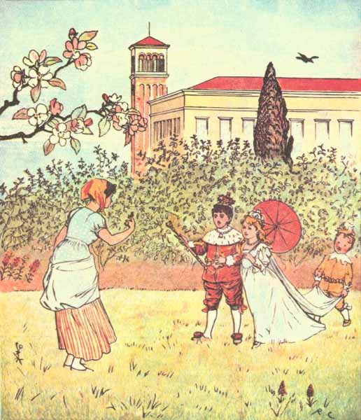 Maid in garden with King and Queen