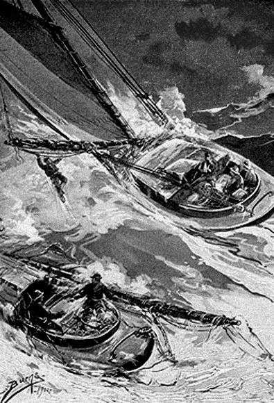 两艘船在波涛汹涌的水面上，一个人挂在主帆上。