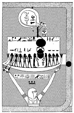 THE CREATION. The god Nu rising out of the primeval water and bearing in his hands the boat of Rā, the Sun-god, who is accompanied by a number of deities. In the upper portion of the scene is the region of the underworld which is enclosed by the body of Osiris, on whose head stands the goddess Nut with arms stretched out to receive the disk of the sun.