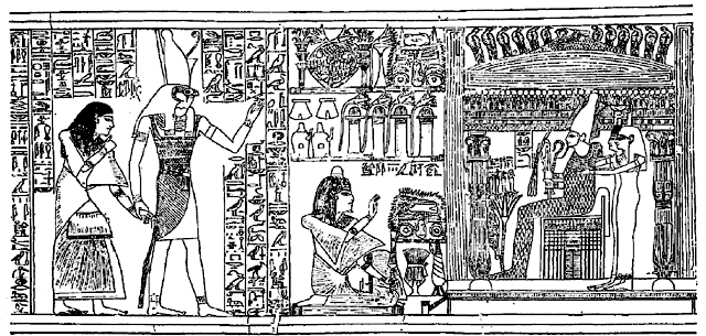 Horus, the son of Isis, leading the scribe Ani into the presence of Osiris, the god and judge of the dead; before the shrine of the god Am kneels in adoration and presents offerings.
