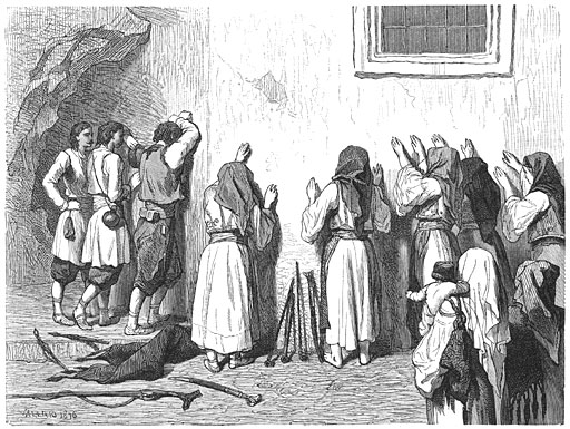 Rouwbedrijvende Montenegrijnen te Cettinj&eacute;.