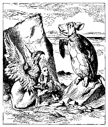 Mock Turtle and Gryphon singing to Alice