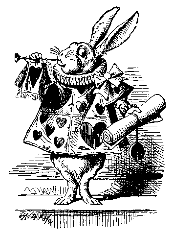 White Rabbit, dressed as herald, blowing trumpet