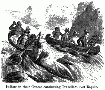 Two canoes full of dressed-up men and their Indian pilots maneuvering between rocks on a river.