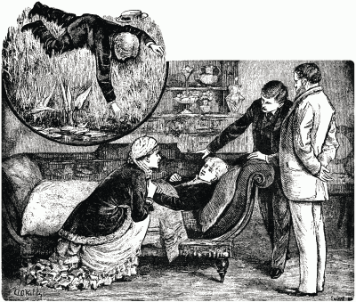 A boy lying down being attended by three adults. Also the flashback of the boy reaching into a stream.