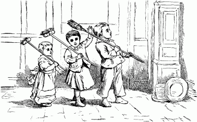 Three children in line marching with brooms over their sholders.