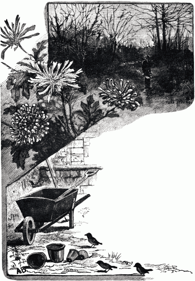 Mult-layer picture with a man holding a shovel in a field; some flowers; and wheelbarrow with birds nearby.
