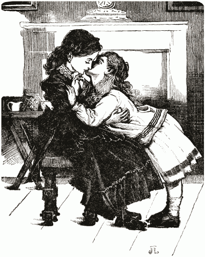 A girl sitting down with another girl bending down and kissing her.