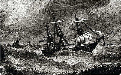 A three-masted ship on a stormy sea.