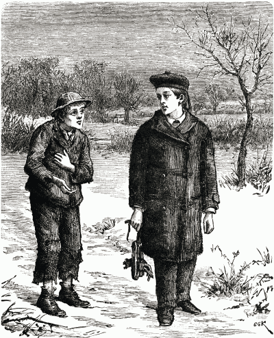 A tattered young man begging from a well-dressed young man in a winter setting.