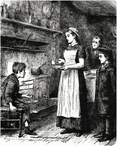 Warm kitchen with a tattered young man being looked after by two adults and another young man.