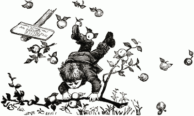 A boy falling to the ground along with apples, branches, and a 'No Tresspassing' sign.