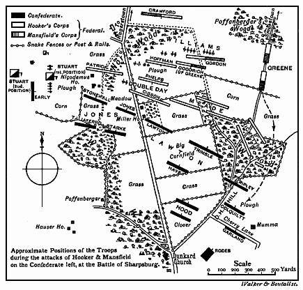 [Illustration: Map of
the Approximate Positions of the Troops during the attacks of Hooker and
Mansfield on the Confederate left, at the Battle of Sharpsburg.]