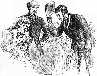 Man lifting hat to young woman with man by her side