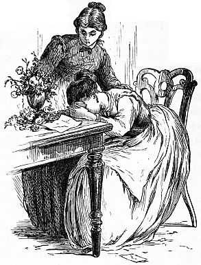 young woman with head on table, another woman bending over her