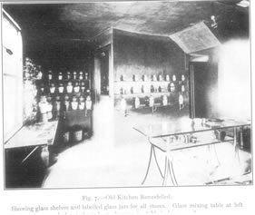 Fig. 7.—Old Kitchen Remodelled.
Showing glass shelves and labelled glass jars for all stores.
Glass mixing table at left (*remainder cut off).