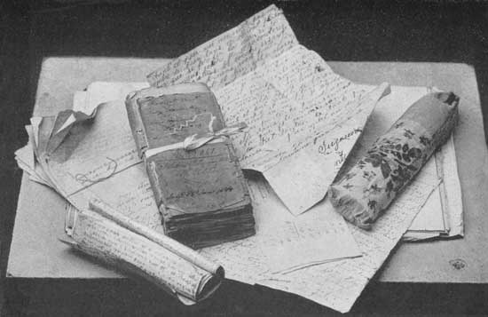 SOME OF THE MANUSCRIPTS:
Court papers in Miller vs. Belmonti. Letter from Suzanne. The "Alix MS."
Louisa Cheval's letter. Francois's Pages. The War Diary (underneath).