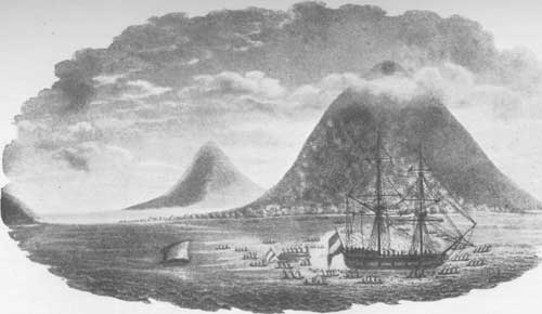ENGAGEMENT BETWEEN THE CREW OF THE WAAKSAMHEYD TRANSPORT
AND THE NATIVES OF AN ISLAND NEAR MINDANAO. CAPTAIN HUNTER, R.N. From the
"Naval Chronicle" for 1801. To face p. 102.