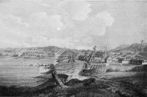 A DIRECT SOUTH VIEW OF THE TOWN OF SYDNEY. F. Heath
sculpt. Taken from the brow of the hill leading to the Flagstaff. From
Collins' "An Account of the English Colony in New South Wales" [London,
1798. To face p. 208.