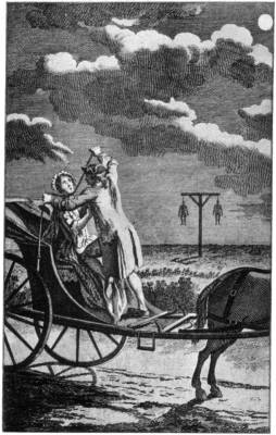 The assailant is strangling his victim with a whip-thong; nearby is a
typical roadside gallows with two highwaymen dangling from the
cross-tree—(<i>From the Newgate Calendar</i>)